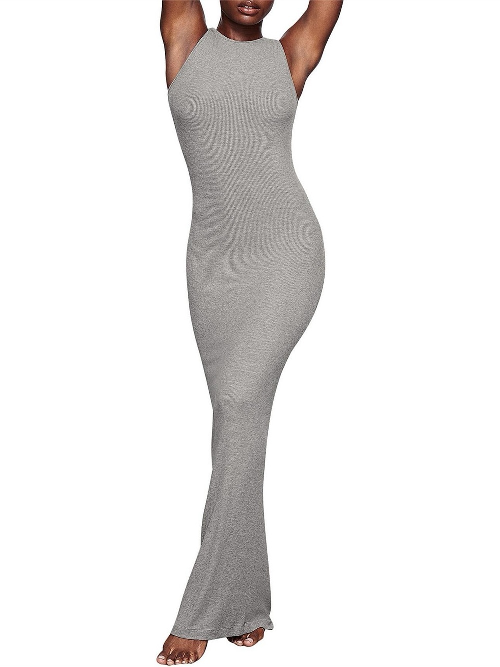 NWOT SKIMS Soft Lounge Sleeveless Maxi Dress Gray Shimmer Bodycon Ribbed Size L